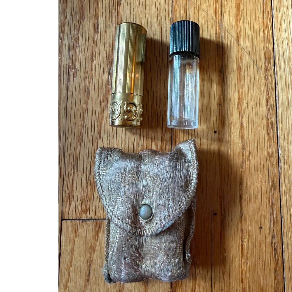 Vtg 40s Avon Magic Red Lipstick Gold‎ Filigree Tube with Pouch and Glass Vial